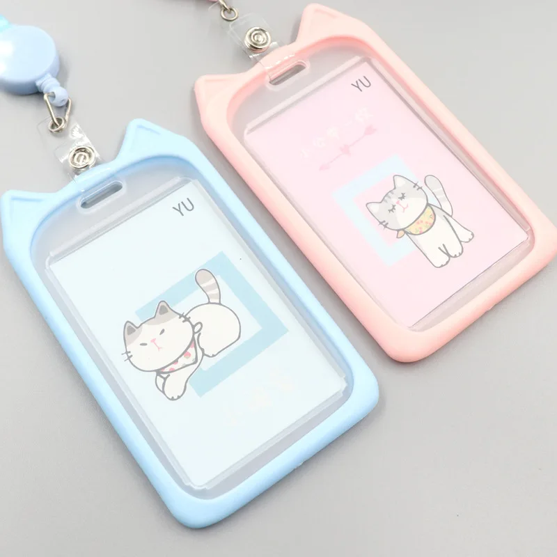 1PC Cute Cartoon Cat Card Holder Bank Identity Bus ID Card Holder Case with Retractable Reel Lanyard Credit Cover Case Kids Gift