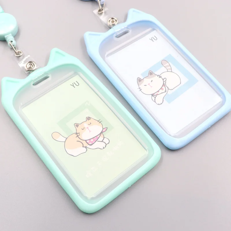 1PC Cute Cartoon Cat Card Holder Bank Identity Bus ID Card Holder Case with Retractable Reel Lanyard Credit Cover Case Kids Gift