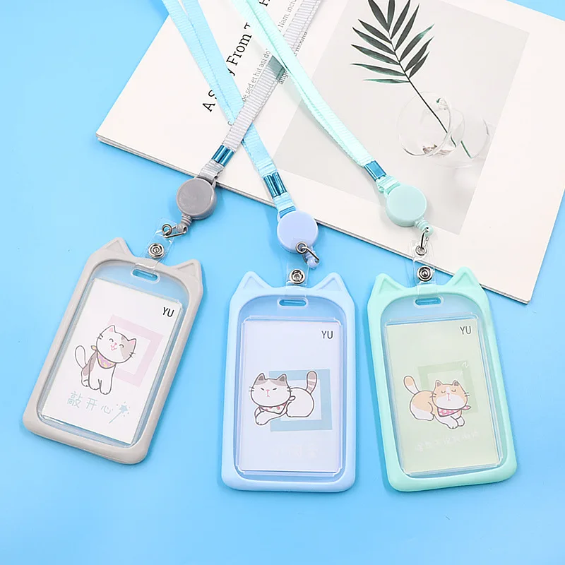 1PC Cute Cartoon Cat Card Holder Bank Identity Bus ID Card Holder Case with Retractable Reel Lanyard Credit Cover Case Kids Gift