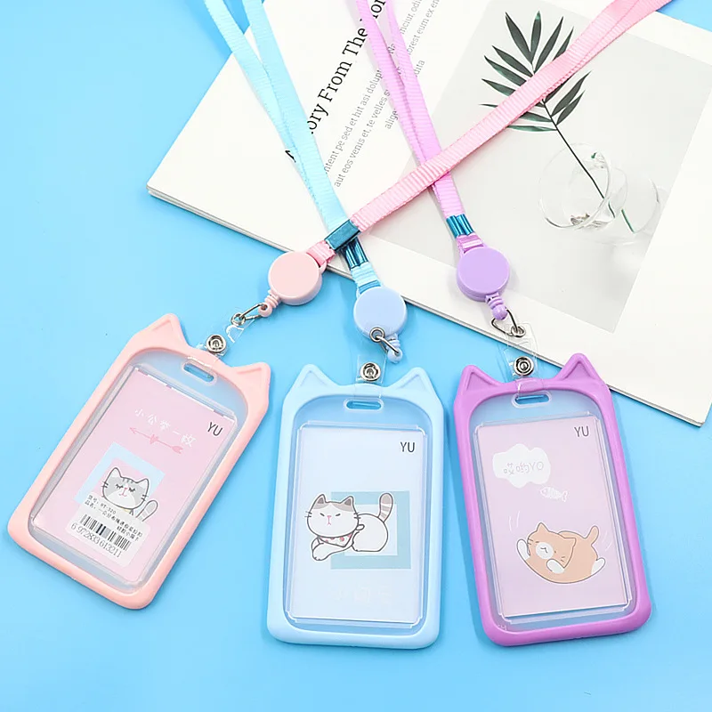 1PC Cute Cartoon Cat Card Holder Bank Identity Bus ID Card Holder Case with Retractable Reel Lanyard Credit Cover Case Kids Gift