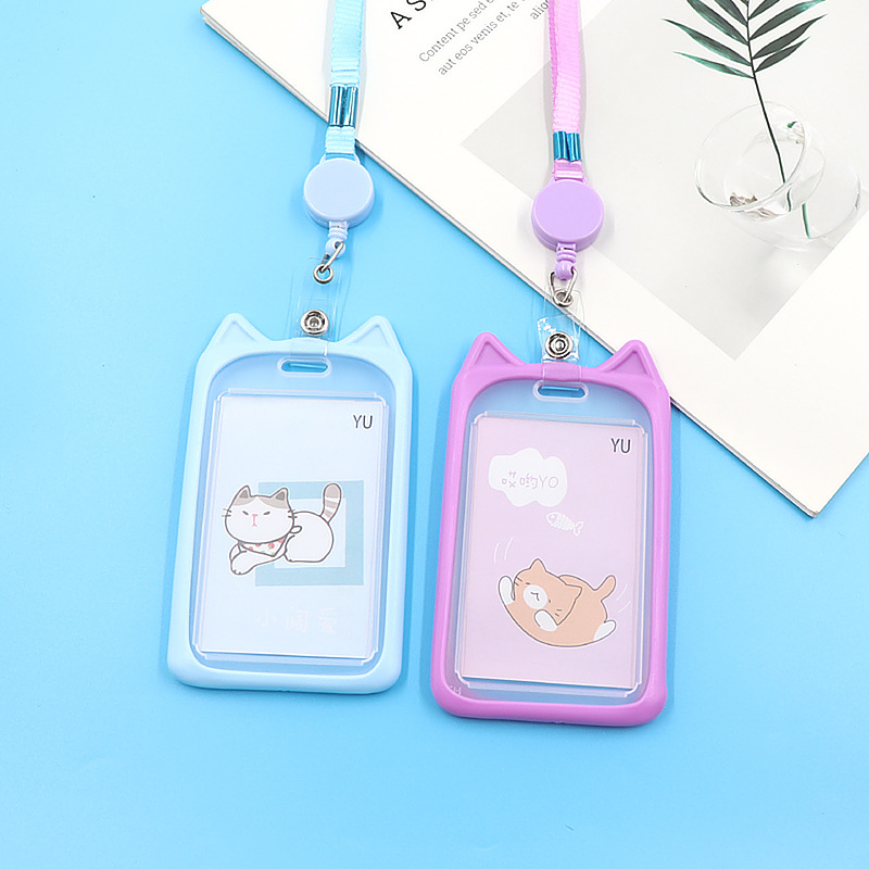 1PC Cute Cartoon Cat Card Holder Bank Identity Bus ID Card Holder Case with Retractable Reel Lanyard Credit Cover Case Kids Gift