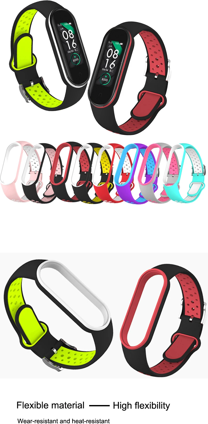 Belt For Xiaomi Mi Band 5 6 Two-color Silicone Bracelet Sport Breathable Strap For Miband 5 Miband7 Replacement Wristband