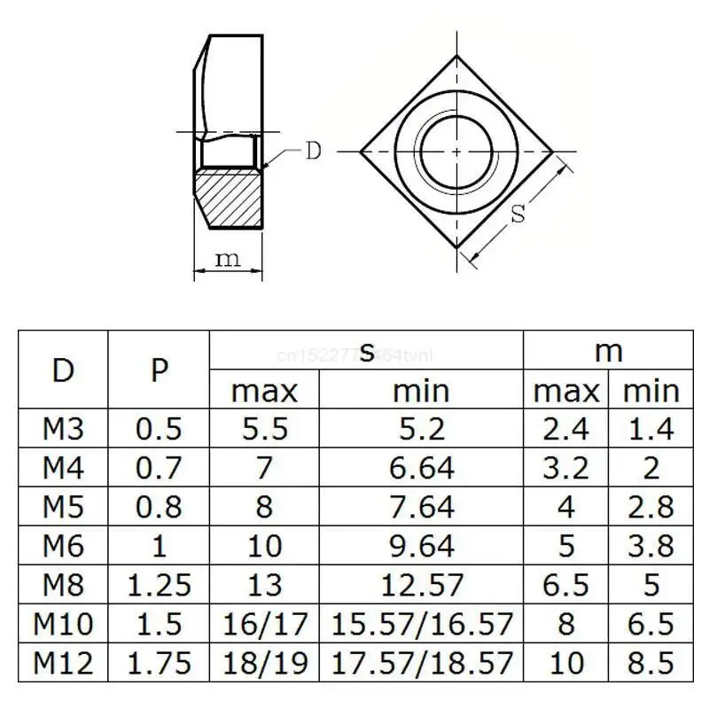 304 A2 Stainless Steel M3 M4 M5 M6 M8 M10 M12 Square Nuts Din557