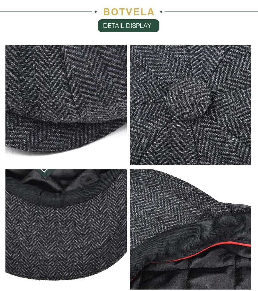 BOTVELA Wool Tweed Newsboy Cap Herringbone Men British Gatsby Retro Hat Driver Flat Cap for Male Vintage Herringbone Beret