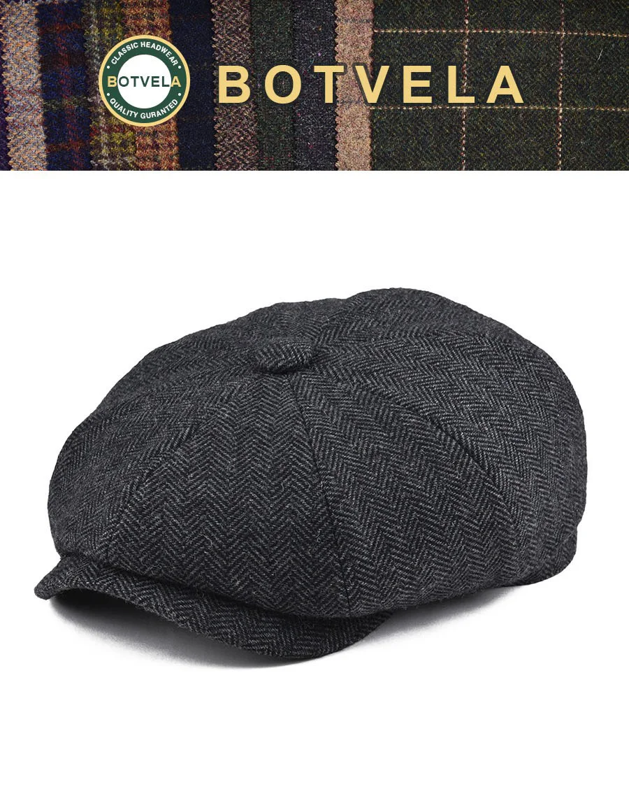 BOTVELA Wool Tweed Newsboy Cap Herringbone Men British Gatsby Retro Hat Driver Flat Cap for Male Vintage Herringbone Beret