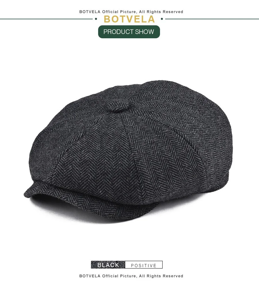 BOTVELA Wool Tweed Newsboy Cap Herringbone Men British Gatsby Retro Hat Driver Flat Cap for Male Vintage Herringbone Beret