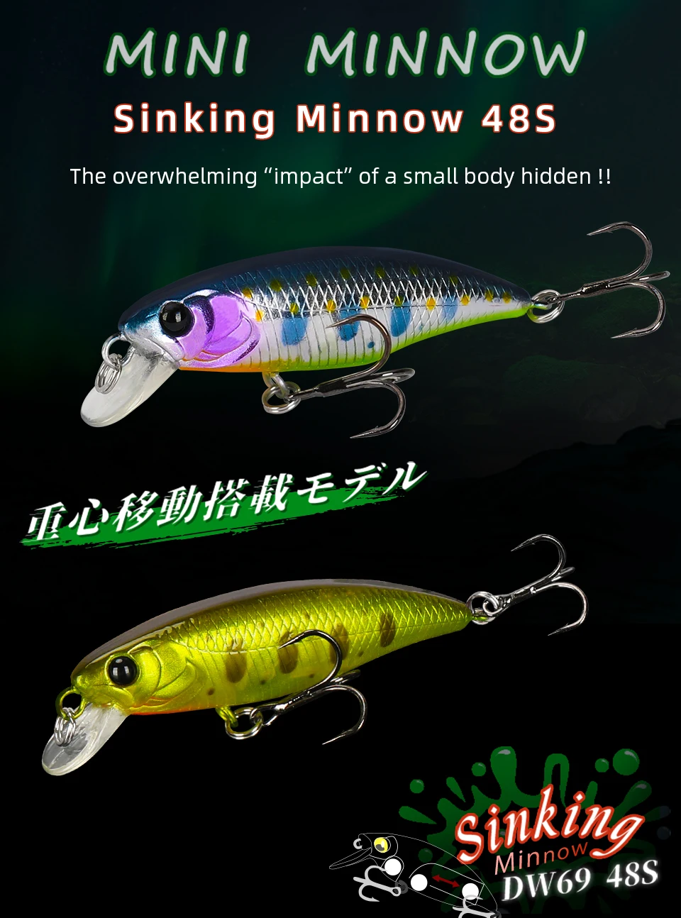 TSURINOYA Fishing Lure DW69 Sinking Minnow Hard Bait 48S 48mm 3.3g Fishing Wobblers Jerkbait Bass Trout Lure Swimbait