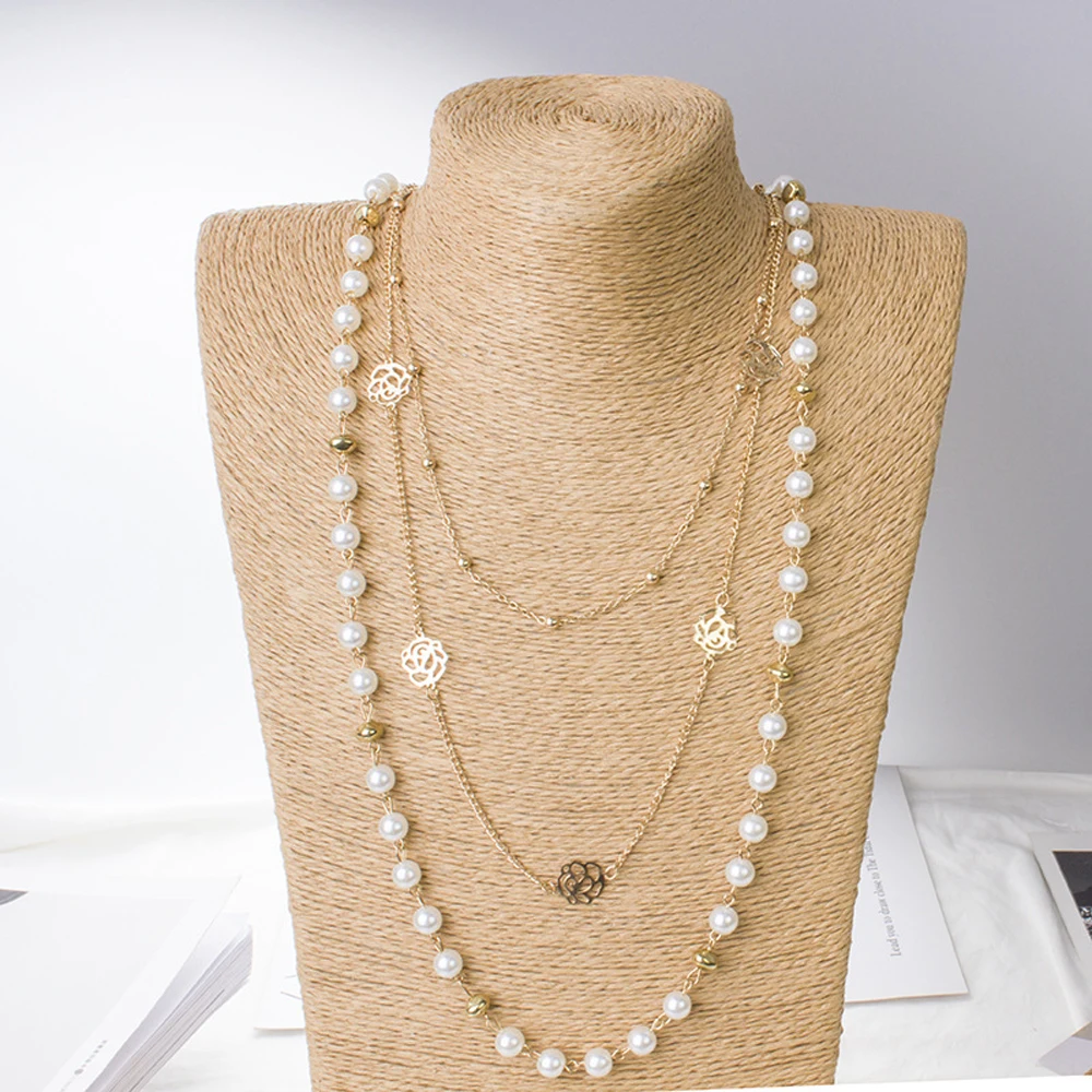 New Long Double Layer Simulated Pearl Necklace Women Sweater Chain Female Collares Statement Jewlery Wholesale 2025