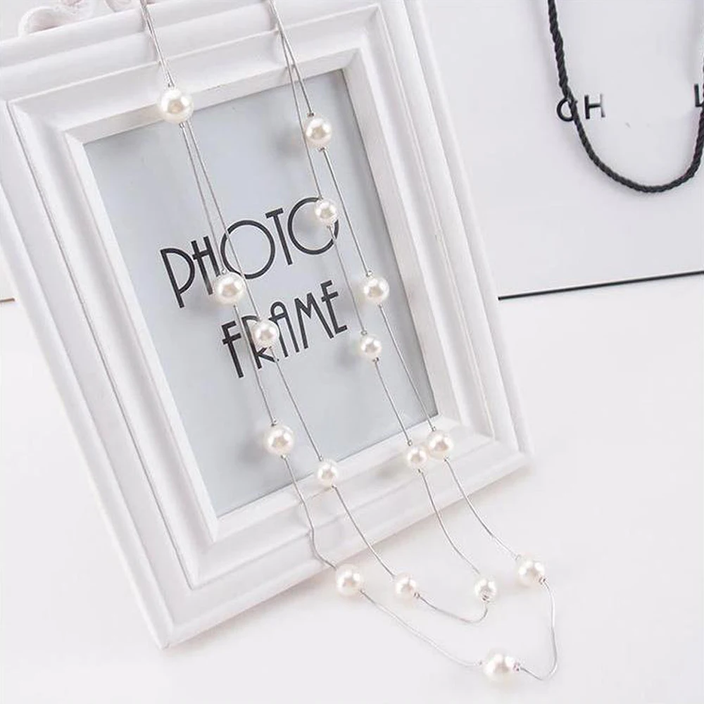 New Long Double Layer Simulated Pearl Necklace Women Sweater Chain Female Collares Statement Jewlery Wholesale 2025