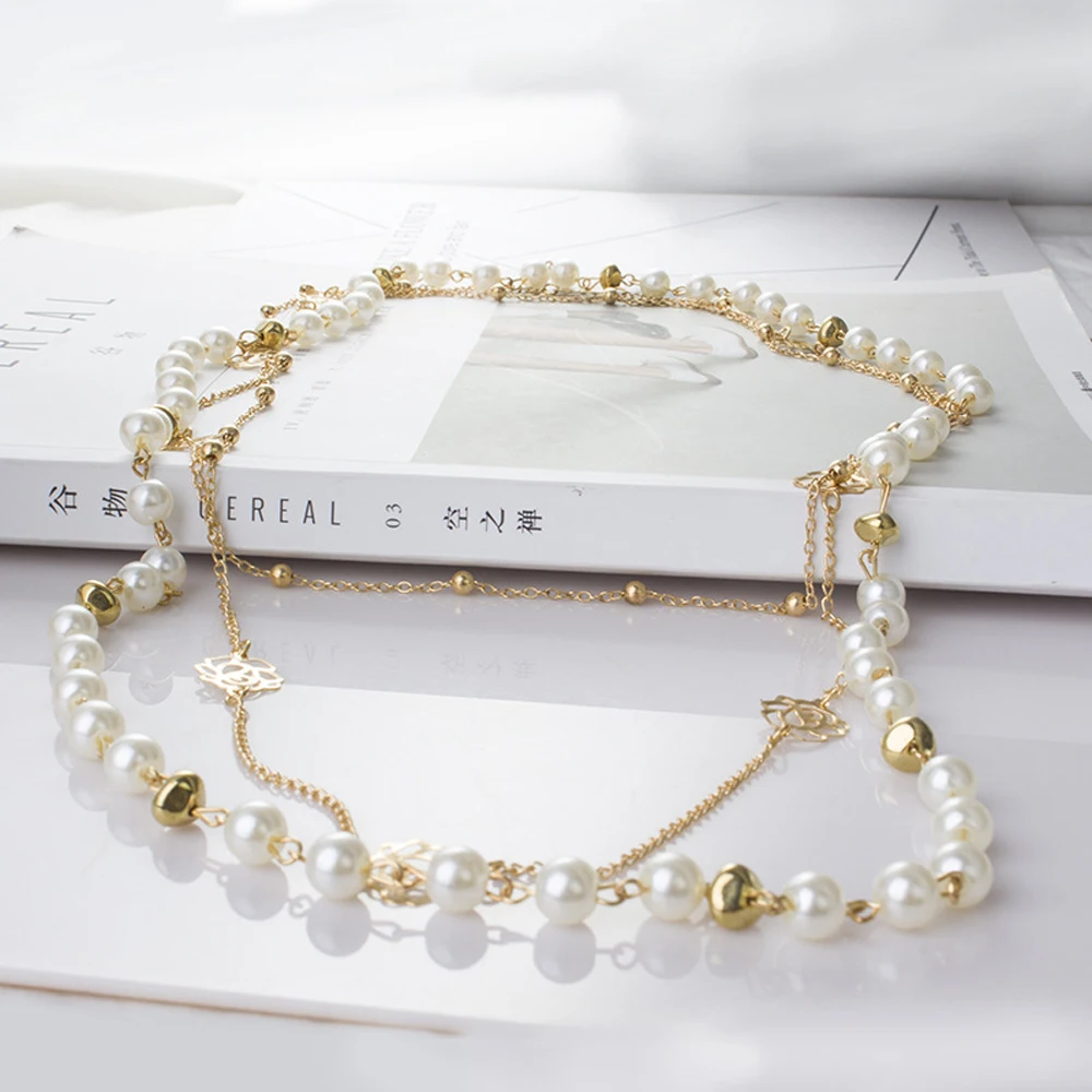 New Long Double Layer Simulated Pearl Necklace Women Sweater Chain Female Collares Statement Jewlery Wholesale 2025