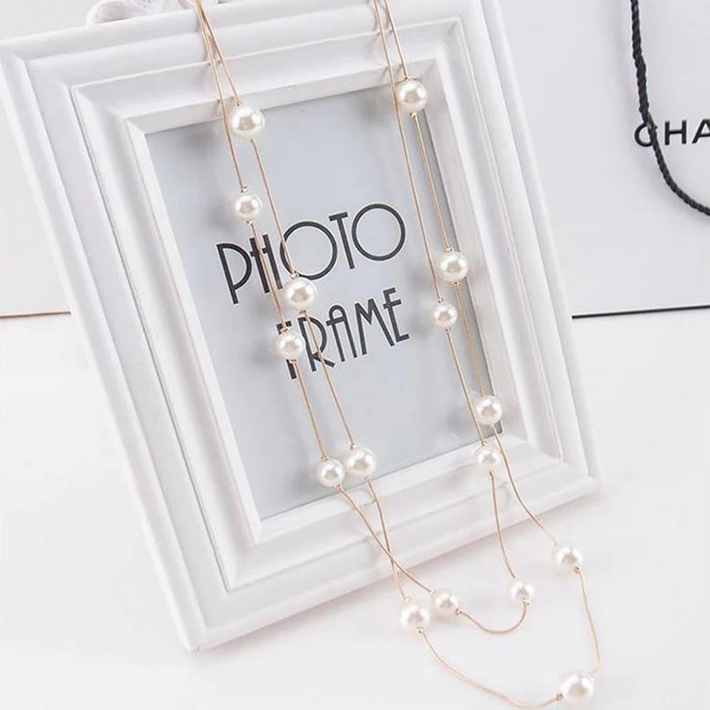 New Long Double Layer Simulated Pearl Necklace Women Sweater Chain Female Collares Statement Jewlery Wholesale 2025