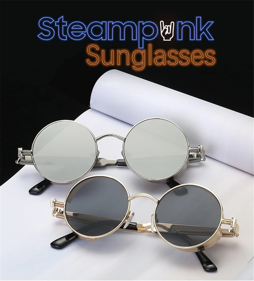 VIVIBEE Vintage Steampunk Red Sunglasses Men Round Punk Alloy Metal Retro Sun Glasses Women 2026 Goggles Gothic Style Shades