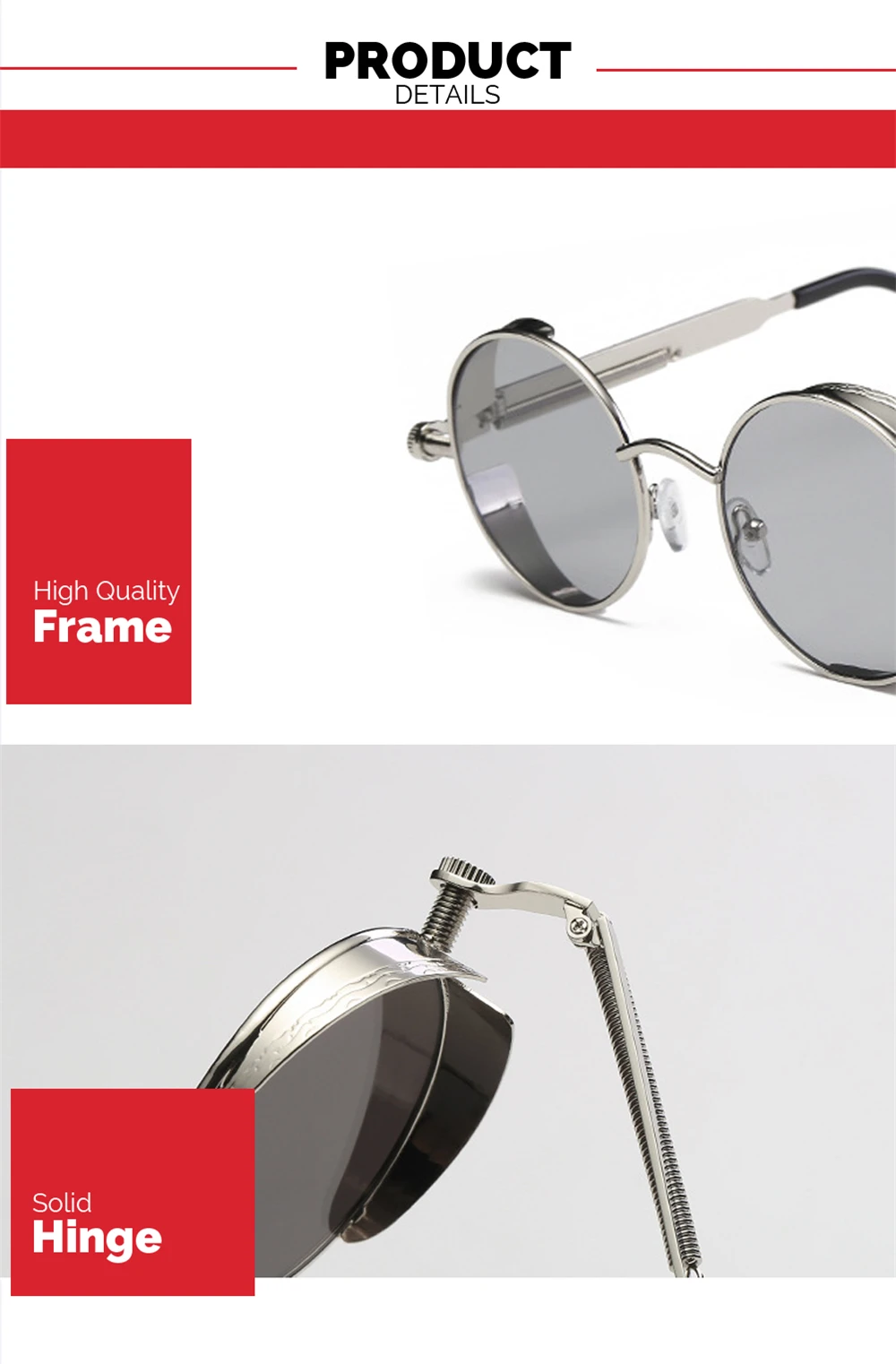 VIVIBEE Vintage Steampunk Red Sunglasses Men Round Punk Alloy Metal Retro Sun Glasses Women 2026 Goggles Gothic Style Shades