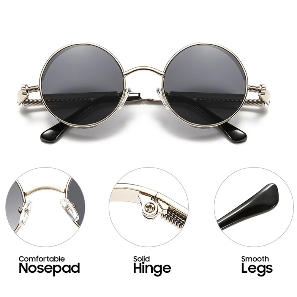VIVIBEE Vintage Steampunk Red Sunglasses Men Round Punk Alloy Metal Retro Sun Glasses Women 2026 Goggles Gothic Style Shades