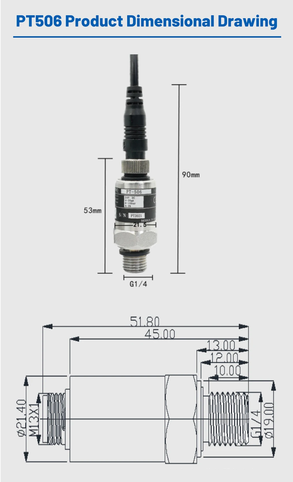 IP68 Pressure Transducer Pressure Transmitter Water Pump Sensor 0-16Bar/0-10Bar/25Bar 1/1.6Mpa/2.5Mpa 4-20ma G1/4