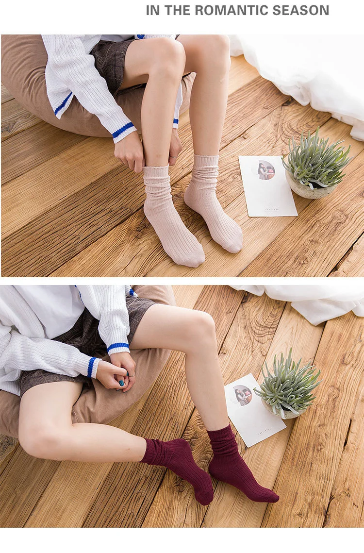 1 Pair Women Cotton Loose Socks Autumn Winter Knitting Solid Color Long Black Pink Korean Japanese Student Girls Stockings Retro