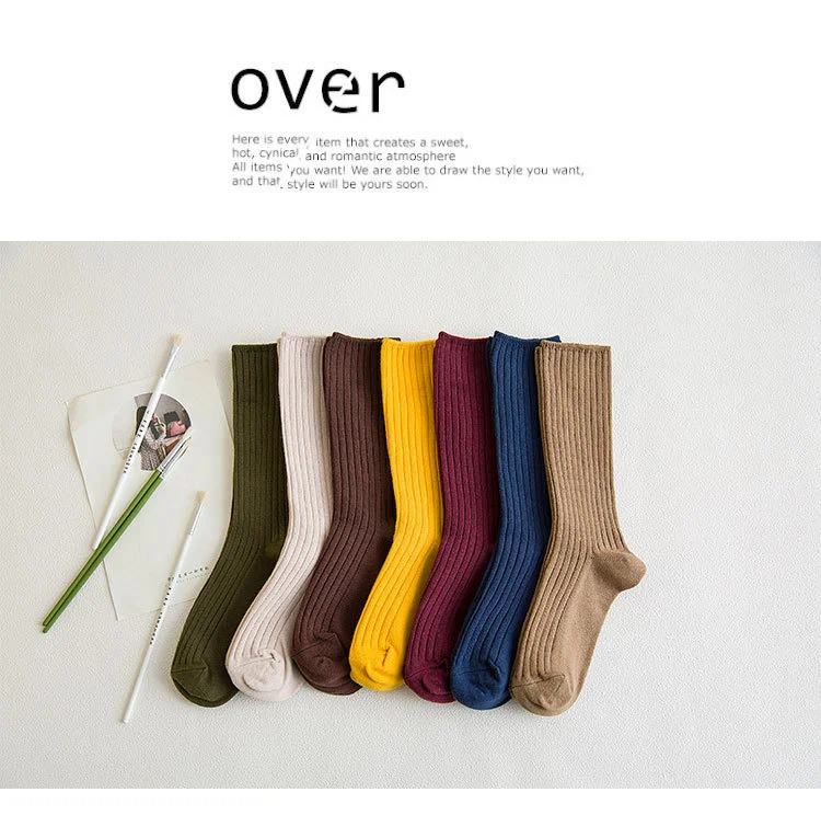 1 Pair Women Cotton Loose Socks Autumn Winter Knitting Solid Color Long Black Pink Korean Japanese Student Girls Stockings Retro
