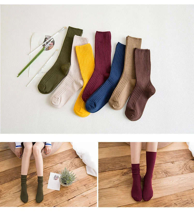 1 Pair Women Cotton Loose Socks Autumn Winter Knitting Solid Color Long Black Pink Korean Japanese Student Girls Stockings Retro
