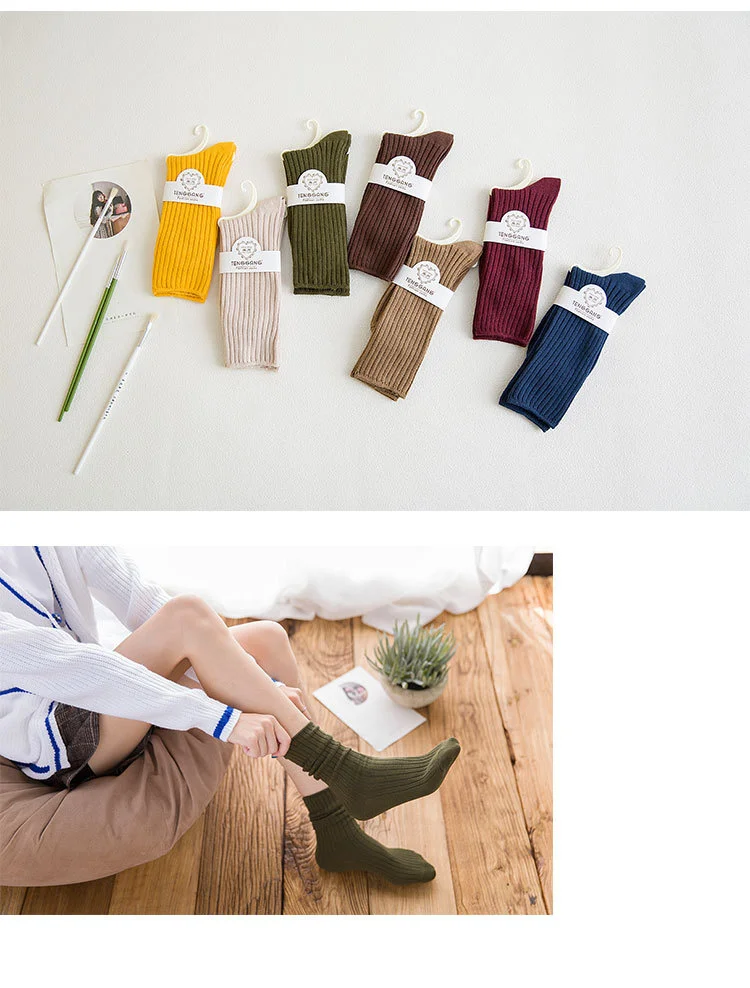 1 Pair Women Cotton Loose Socks Autumn Winter Knitting Solid Color Long Black Pink Korean Japanese Student Girls Stockings Retro