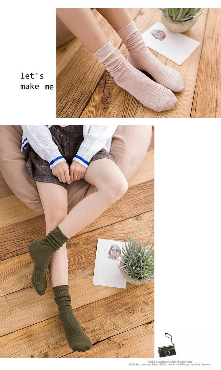1 Pair Women Cotton Loose Socks Autumn Winter Knitting Solid Color Long Black Pink Korean Japanese Student Girls Stockings Retro