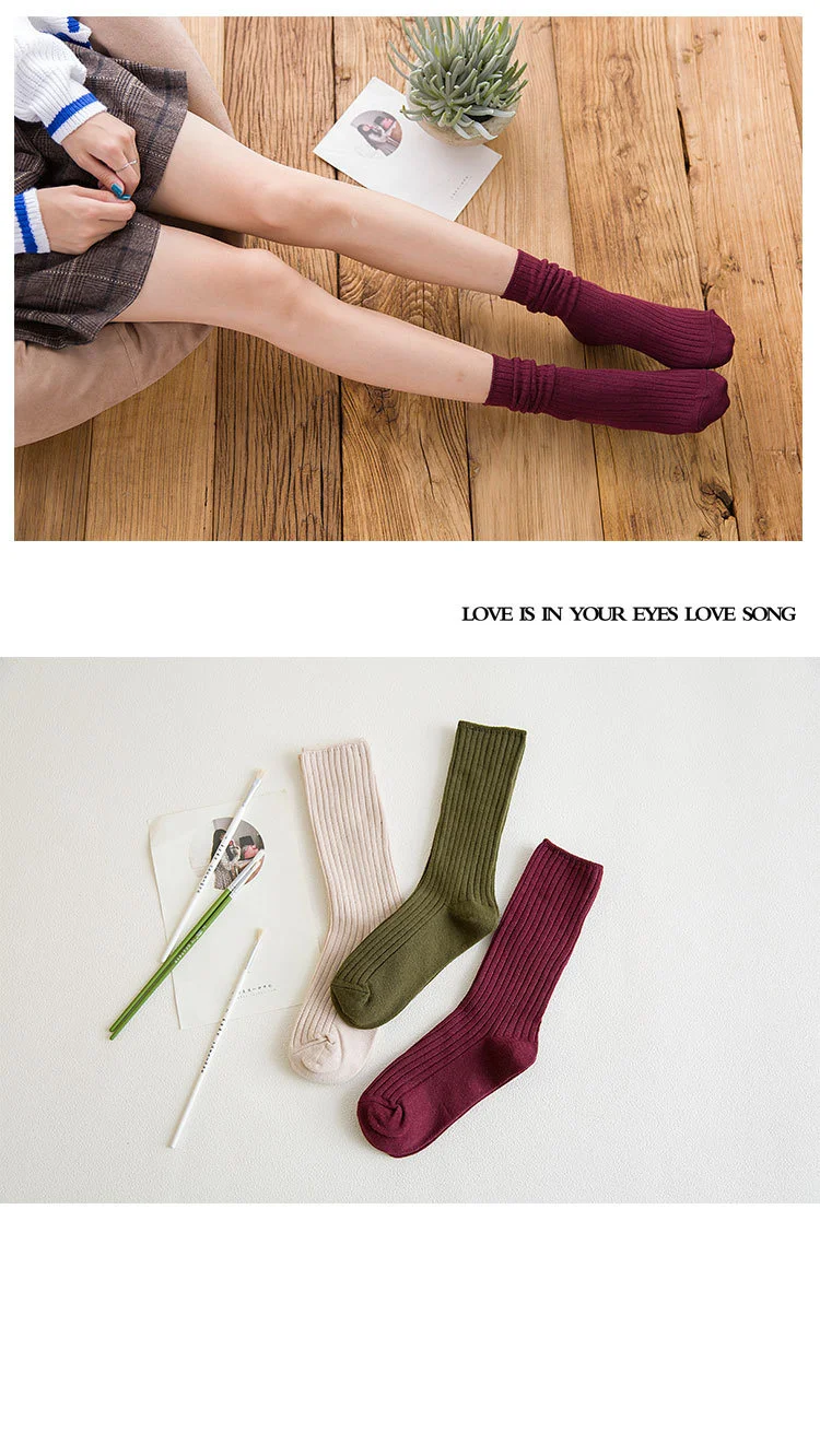 1 Pair Women Cotton Loose Socks Autumn Winter Knitting Solid Color Long Black Pink Korean Japanese Student Girls Stockings Retro