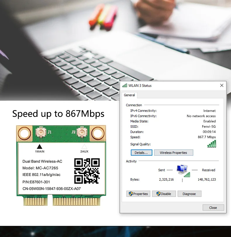 Tri Band 5374Mbps WiFi 6E AX210 Mpe-AXE3000H/ AC7265 Wireless Card BT 5.3 For Mini PCIE Wi-Fi Adapter Win10 For Desktop/Laptop