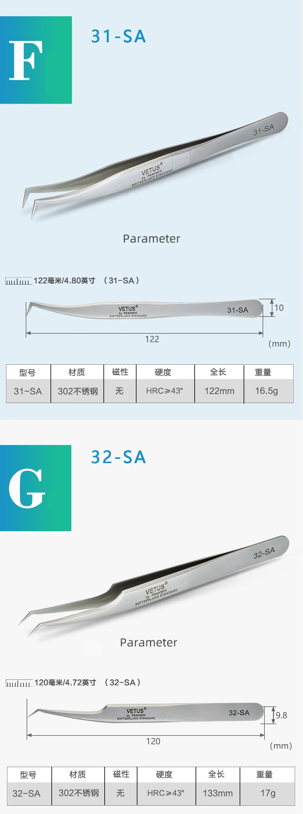 VETUS Original 32-SA Tweezers Hyperfine High Precision Non-magnetic Anti-acid Pincers Eyelashes Grafting Manicure ESD Forceps