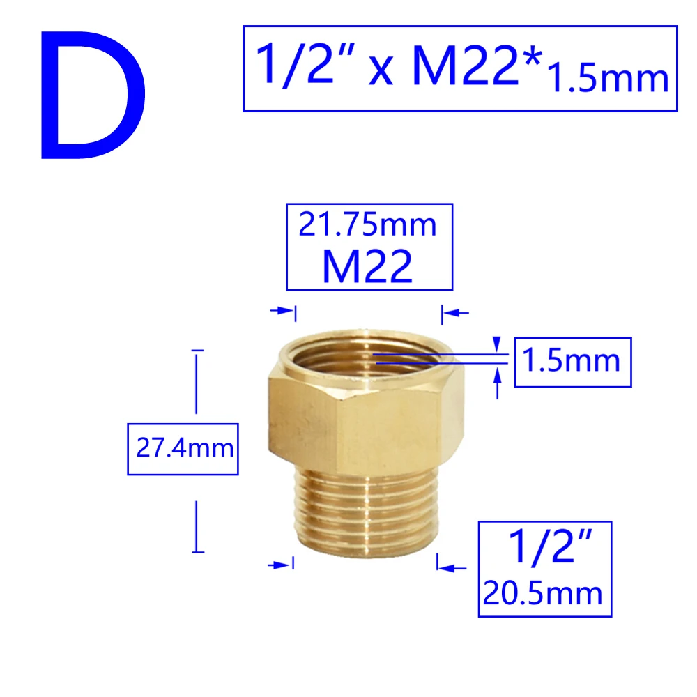 Brass Male Female 1/2" M14 M18 M22 3/8" Thread Connector Tooth Pitch 1.5mm Copper Water Tap Washing Machine Bathroom Coupler