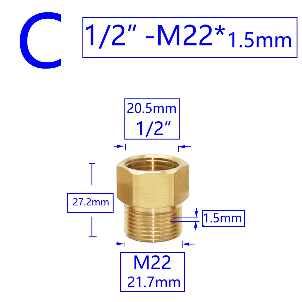 Brass Male Female 1/2" M14 M18 M22 3/8" Thread Connector Tooth Pitch 1.5mm Copper Water Tap Washing Machine Bathroom Coupler