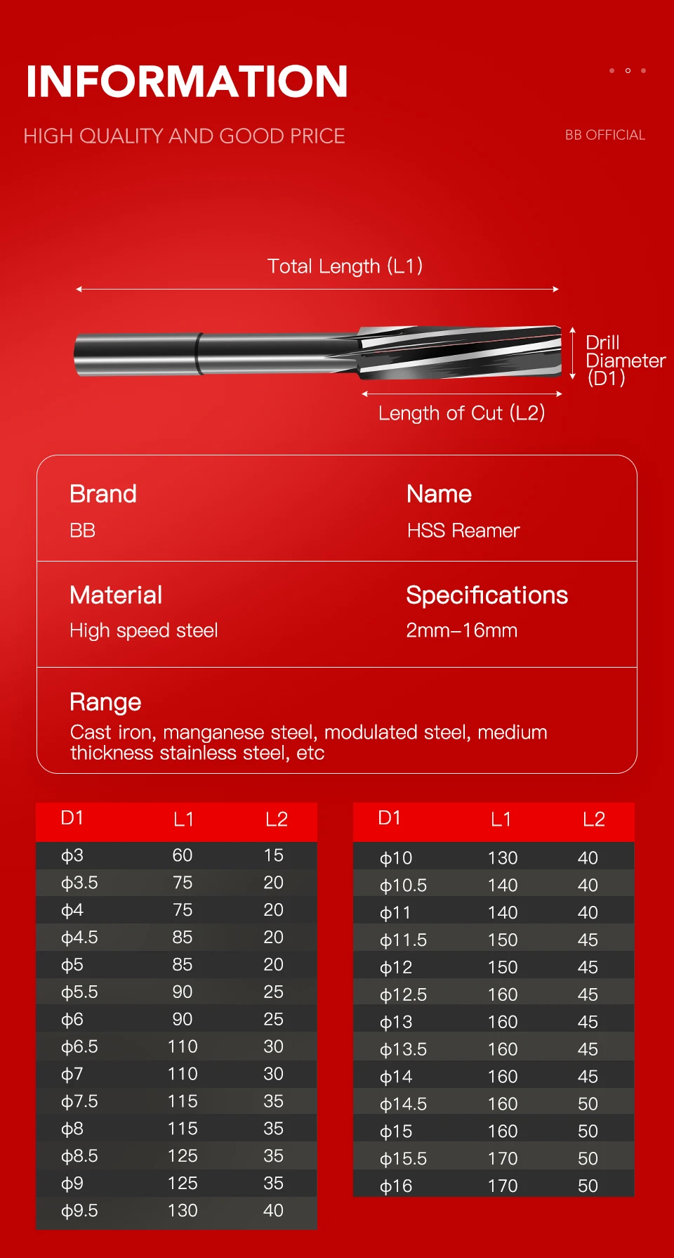 BB Reamer HSS Cobalt Wear Resistant High Precision H7 Diameter 2mm-16mm Left Spiral Flute Hole Drill Metal Steel Aluminum Tool