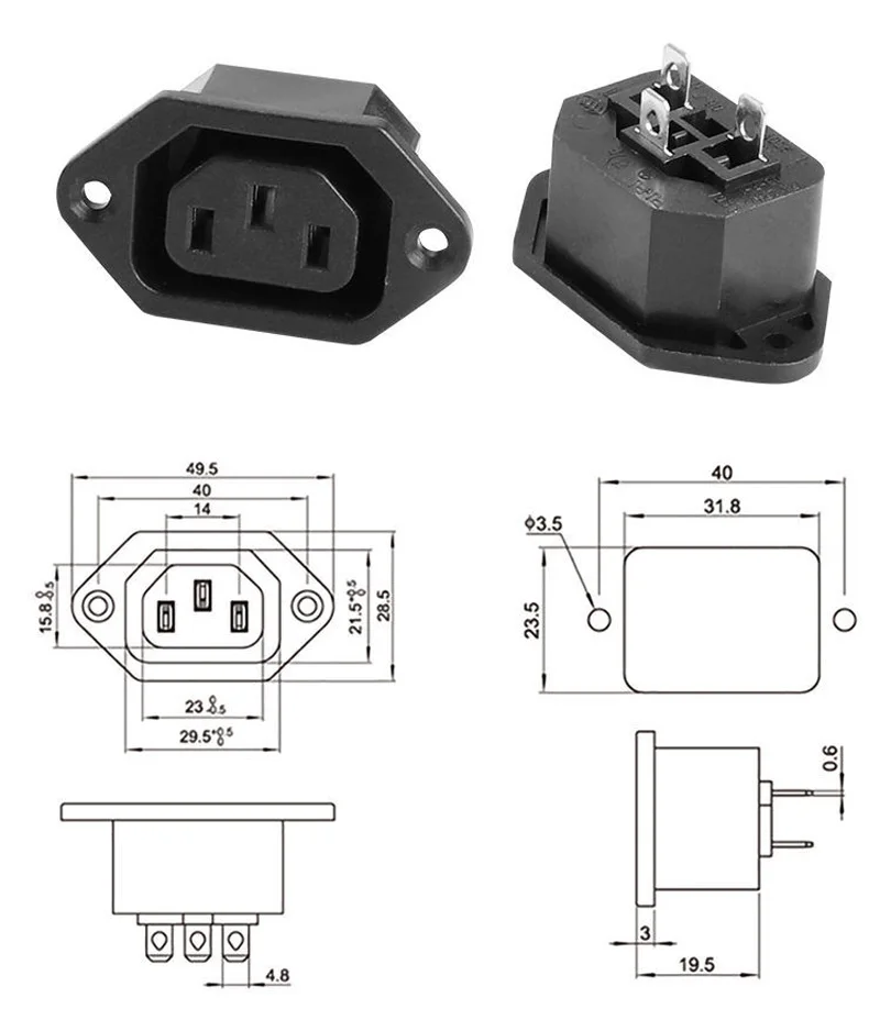 1pcs Black IEC320 C13 C14 AC Power Panel Socket PDU UPS Rewirable Wiring Plug Electric Battery Receptacle Docking Outlet 10A