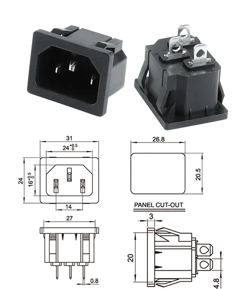 1pcs Black IEC320 C13 C14 AC Power Panel Socket PDU UPS Rewirable Wiring Plug Electric Battery Receptacle Docking Outlet 10A
