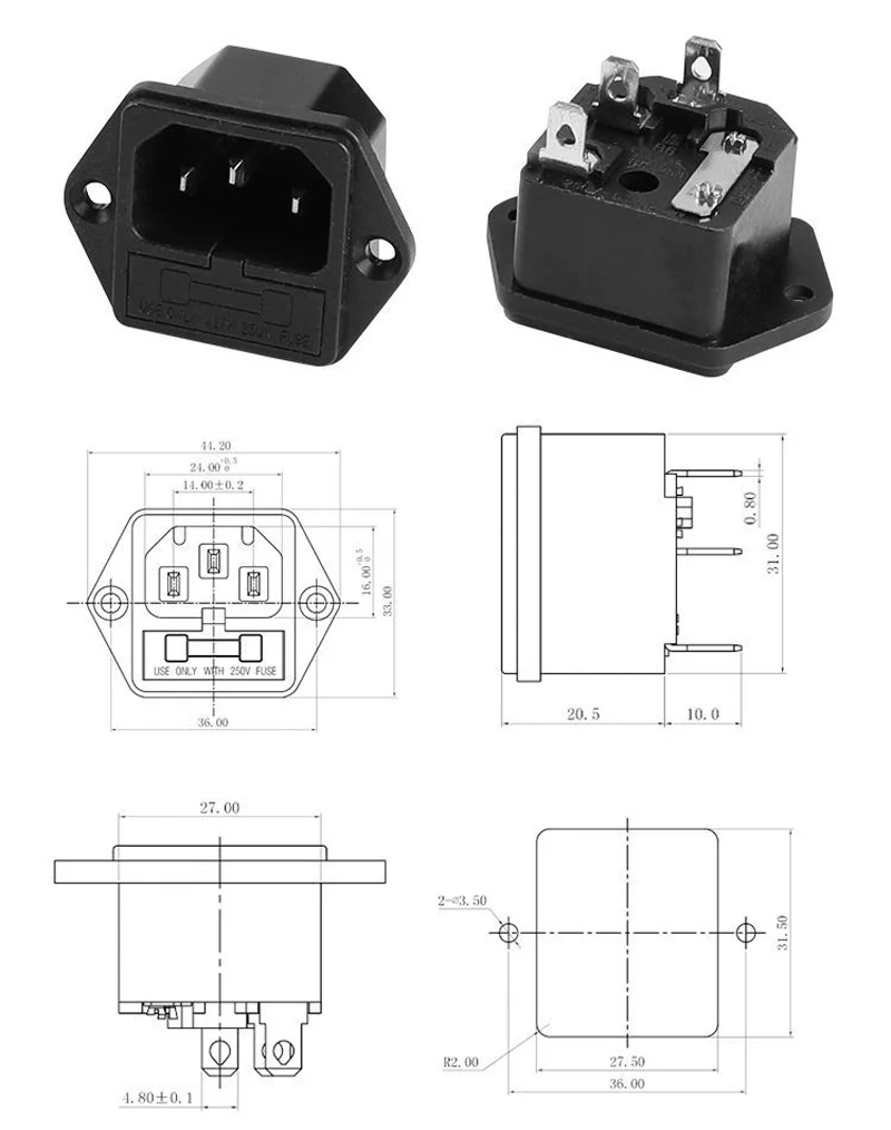 1pcs Black IEC320 C13 C14 AC Power Panel Socket PDU UPS Rewirable Wiring Plug Electric Battery Receptacle Docking Outlet 10A