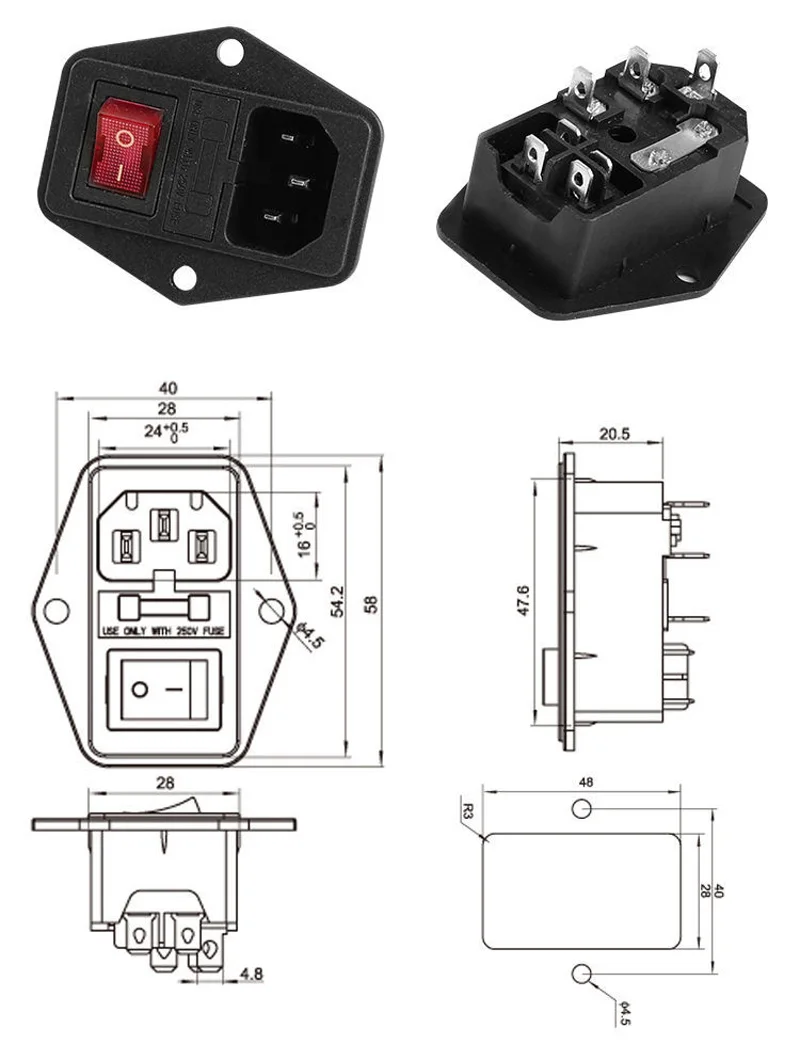 1pcs Black IEC320 C13 C14 AC Power Panel Socket PDU UPS Rewirable Wiring Plug Electric Battery Receptacle Docking Outlet 10A