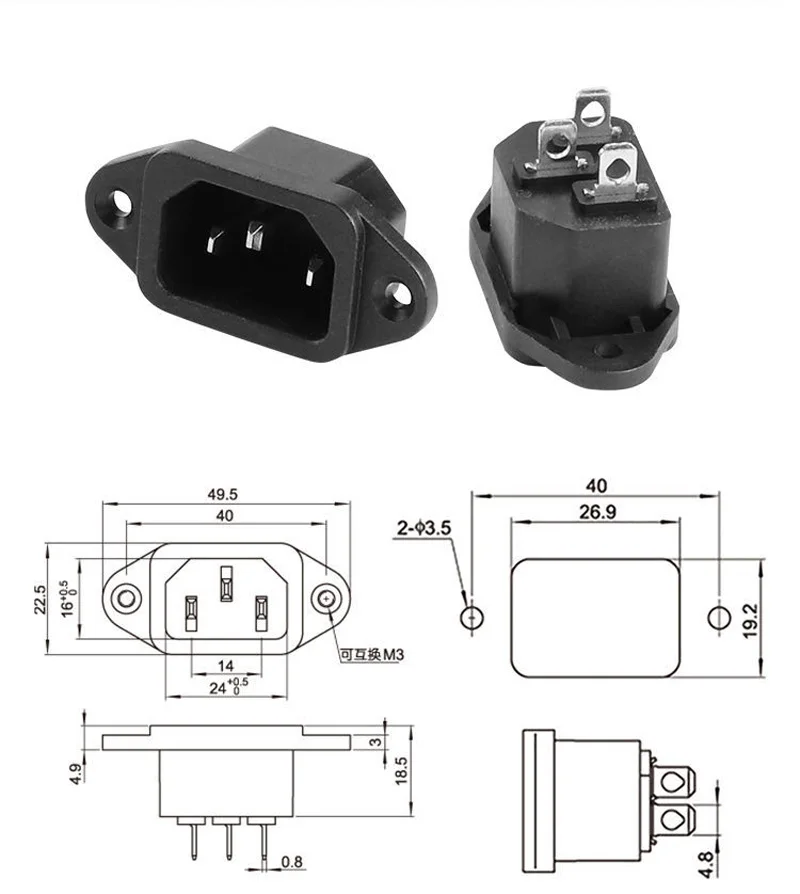 1pcs Black IEC320 C13 C14 AC Power Panel Socket PDU UPS Rewirable Wiring Plug Electric Battery Receptacle Docking Outlet 10A