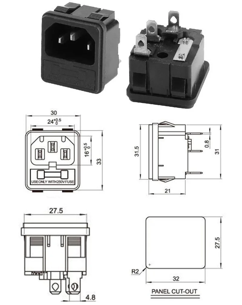 1pcs Black IEC320 C13 C14 AC Power Panel Socket PDU UPS Rewirable Wiring Plug Electric Battery Receptacle Docking Outlet 10A