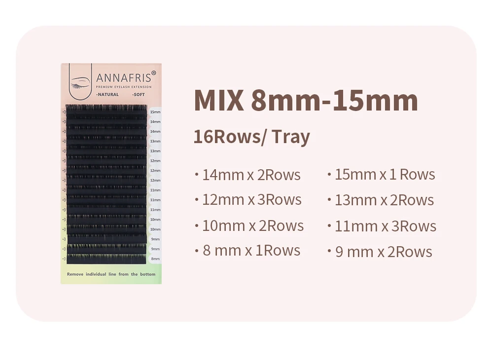 ANNAFRIS 16rows 8~15mm Mixed L-Shaped Eyelashes Extension Natural Soft Mink Matt Black L/L+/LC/LD/LU(M) Curl Individual Lashes