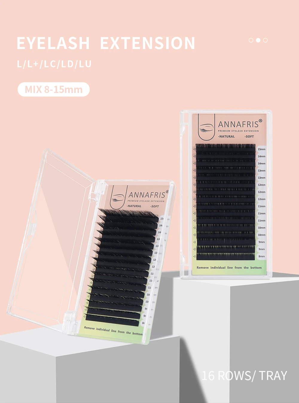 ANNAFRIS 16rows 8~15mm Mixed L-Shaped Eyelashes Extension Natural Soft Mink Matt Black L/L+/LC/LD/LU(M) Curl Individual Lashes