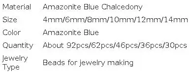 Smooth Natural Amazonite Blue Chalcedony Round Loose Beads DIY Charms Bracelet Necklace for Jewelry Making 4/6/8/10/12/14mm 15"