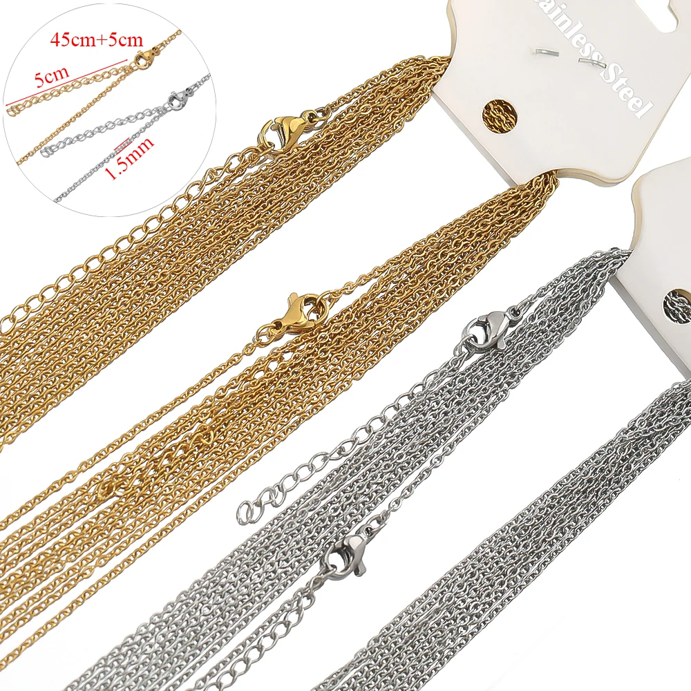 10pcs 45+5cm Gold Color Stainless Steel Link Chains in Bulk Necklaces Fashion Jewelry Adjustable Chains Wholesale Chokers DIY