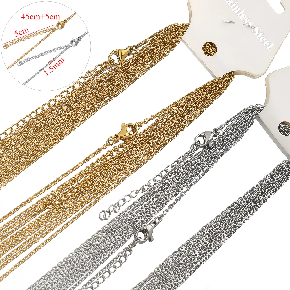 10pcs 45+5cm Gold Color Stainless Steel Link Chains in Bulk Necklaces Fashion Jewelry Adjustable Chains Wholesale Chokers DIY