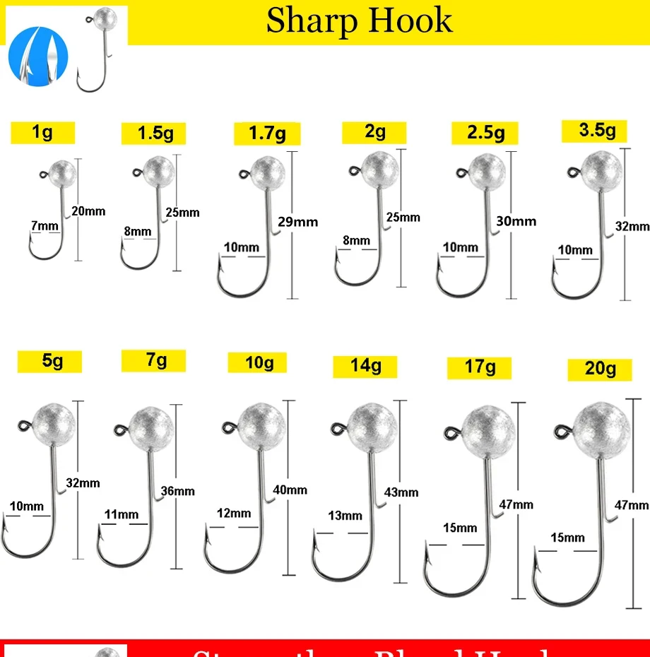 10pcs/lot NED Head Jigs Hook 1g-20g All Size Round Ball Jig Head Hook Weedless Long Shank Secondary Hooks For Soft Worm Fishing