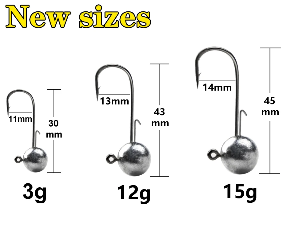 10pcs/lot NED Head Jigs Hook 1g-20g All Size Round Ball Jig Head Hook Weedless Long Shank Secondary Hooks For Soft Worm Fishing