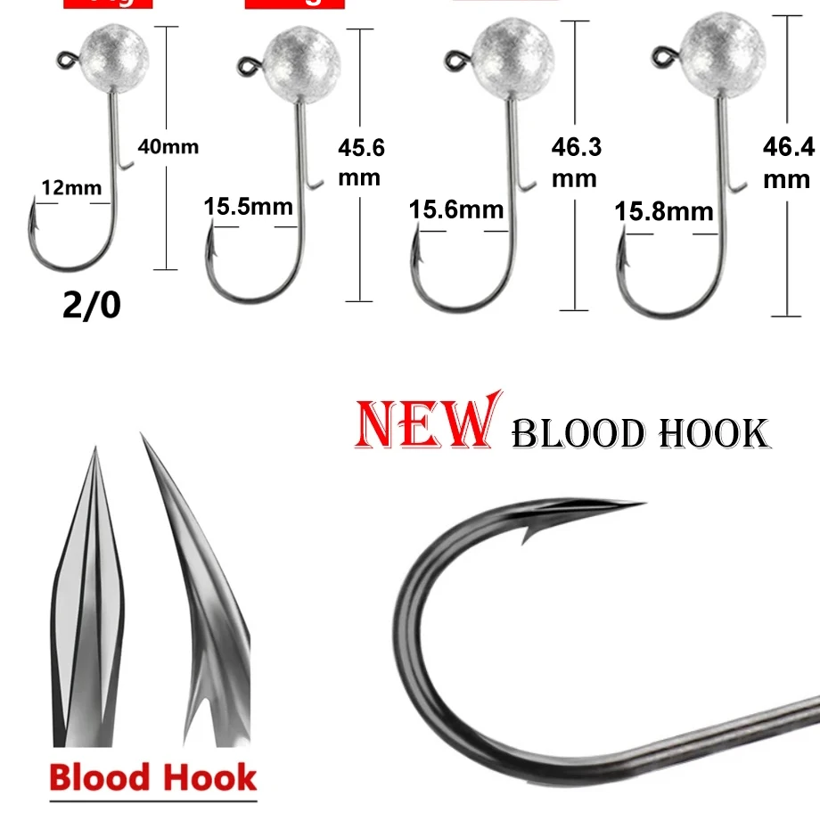 10pcs/lot NED Head Jigs Hook 1g-20g All Size Round Ball Jig Head Hook Weedless Long Shank Secondary Hooks For Soft Worm Fishing