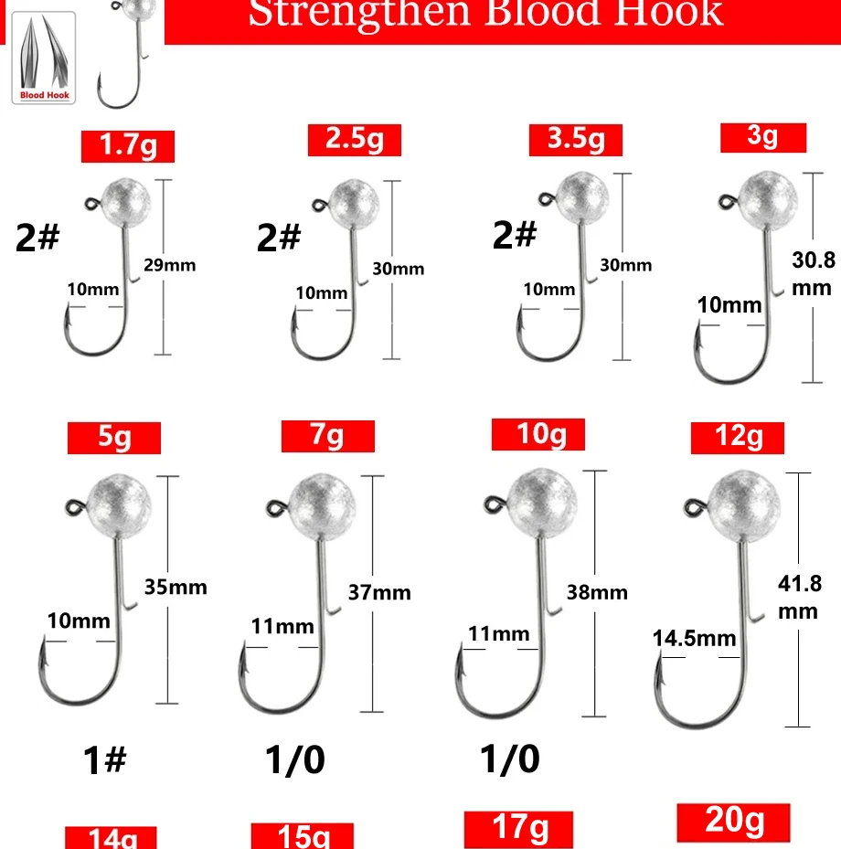 10pcs/lot NED Head Jigs Hook 1g-20g All Size Round Ball Jig Head Hook Weedless Long Shank Secondary Hooks For Soft Worm Fishing