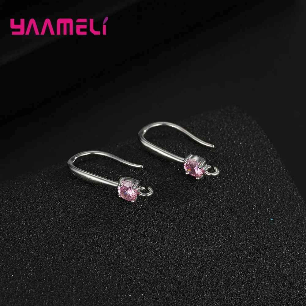 Authentic 925 Sterling Silver S925 Hook Earrings White Pink Blue Purple Cubic Zircon Ear Jewelry Accessories Findings