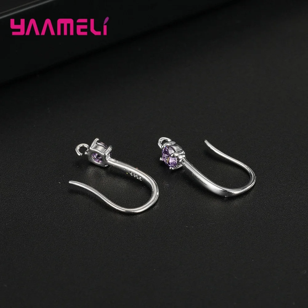 Authentic 925 Sterling Silver S925 Hook Earrings White Pink Blue Purple Cubic Zircon Ear Jewelry Accessories Findings