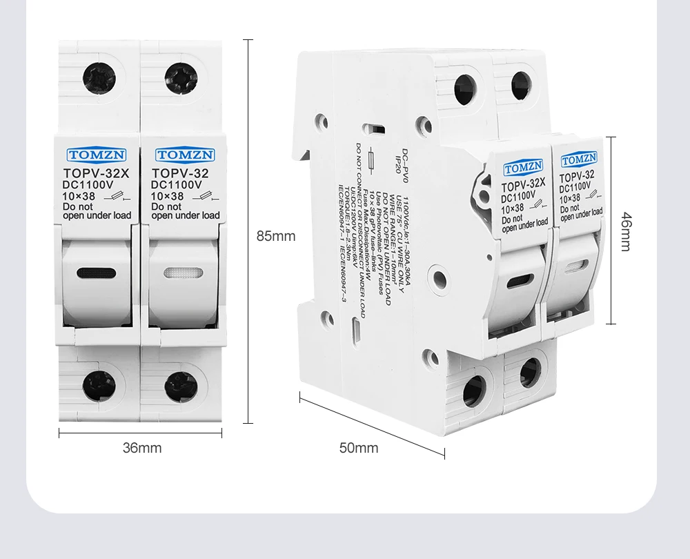 2P Parallel DC Fuse Holder 10*38mm High Voltage Solar PV 1100V TOMZN TOPV-32 Base Photovoltaic System Protection Protector GPV