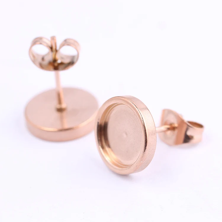 10pcs Rose Gold Black Stainless Steel Post Stud Earring Base Settings 6mm 8mm 10mm Dia Blank Cabochon Bezel Findings