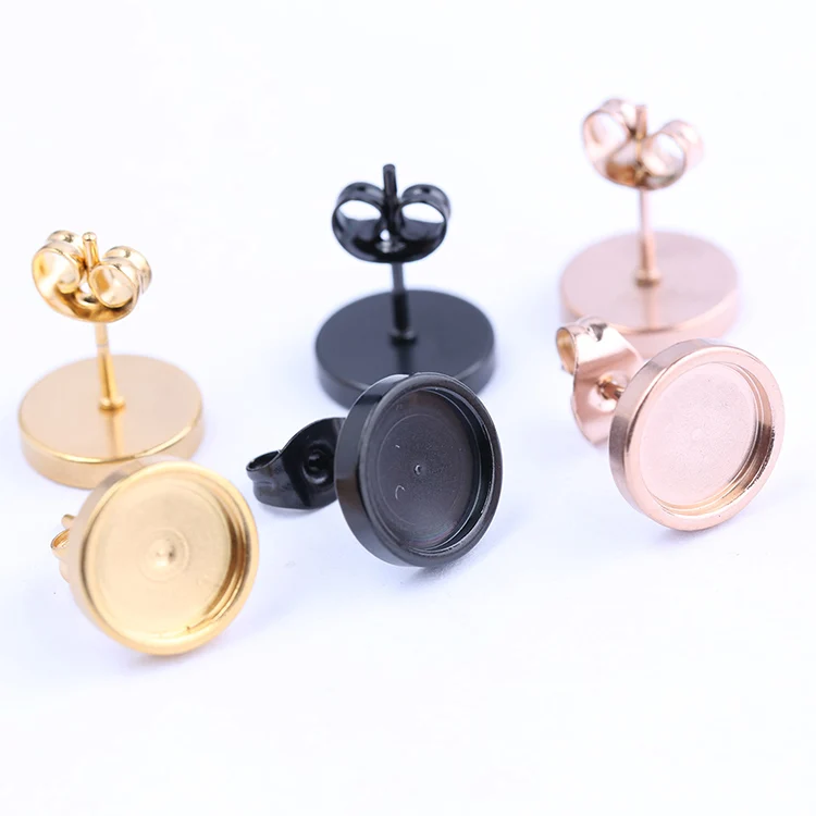 10pcs Rose Gold Black Stainless Steel Post Stud Earring Base Settings 6mm 8mm 10mm Dia Blank Cabochon Bezel Findings